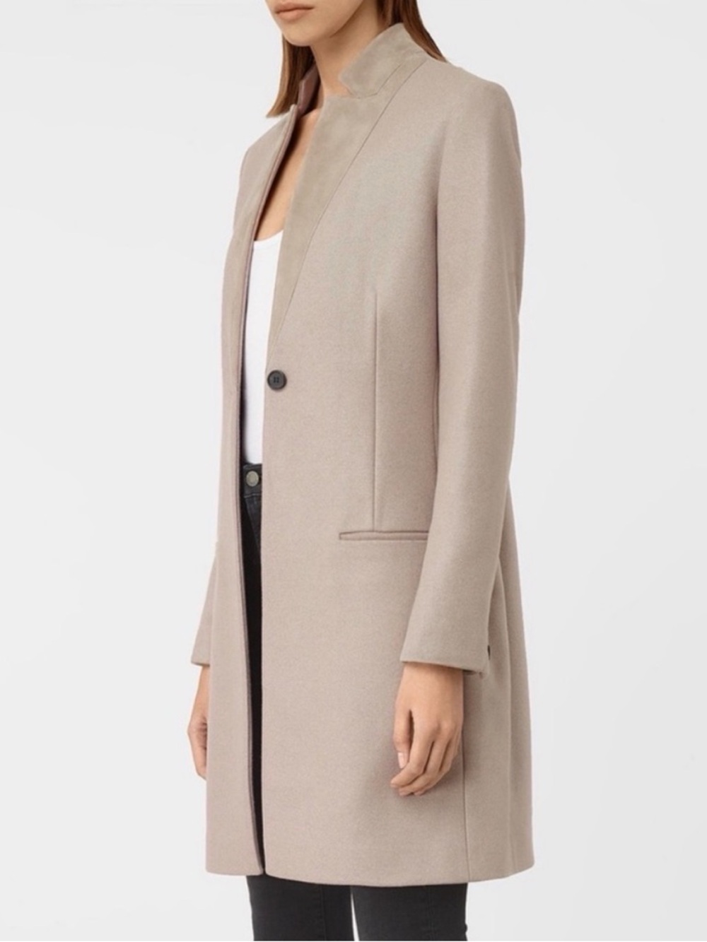 All saints leni wool cashmere blend nude tan single button long coat blazer 6